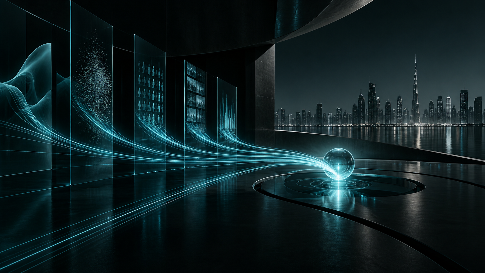 Connected data and media signals converging across a contemporary Dubai skyline