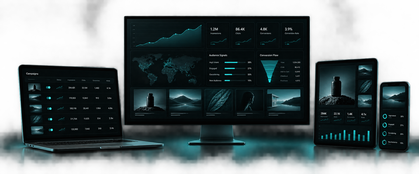 A connected performance marketing system displayed across desktop, laptop, tablet and mobile devices